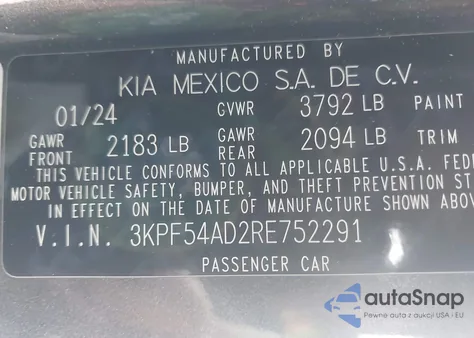 2024 Kia Forte Gt-Line z USA, uszkodzony, nr VIN 3KPF54AD2RE752291